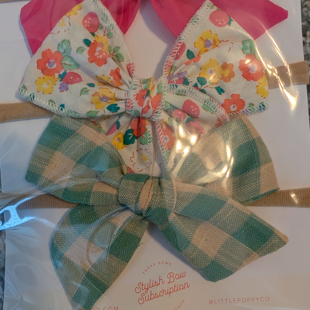 Little Poppy 3-Pack Girls Bow Headband Set - Pink, Floral, Green - Picture 3 of 4